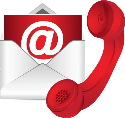 Accueil 5 Icône de téléphone rouge décroché avec une enveloppe blanche contenant un symbole arobase rouge