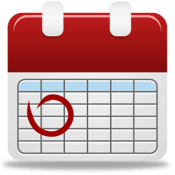 Accueil 3 Icône d'un calendrier avec une case cerclée en rouge sur fond blanc et barre supérieure rouge